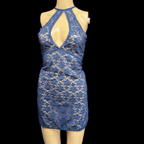 Womens Blue Sheer Lace Halter Lingerie Babydoll Mini Sz XL Open Back Nightwear - Picture 1 of 7